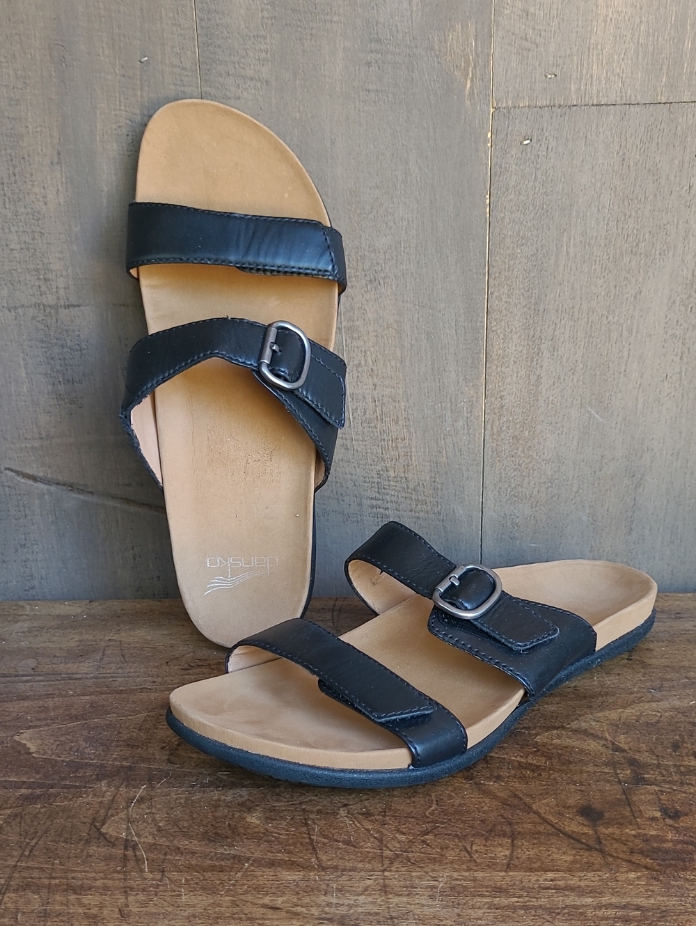 EUC Dansko Sandals Women's sz 39/8.5 US Justine Black Double Strap Slide Sandal